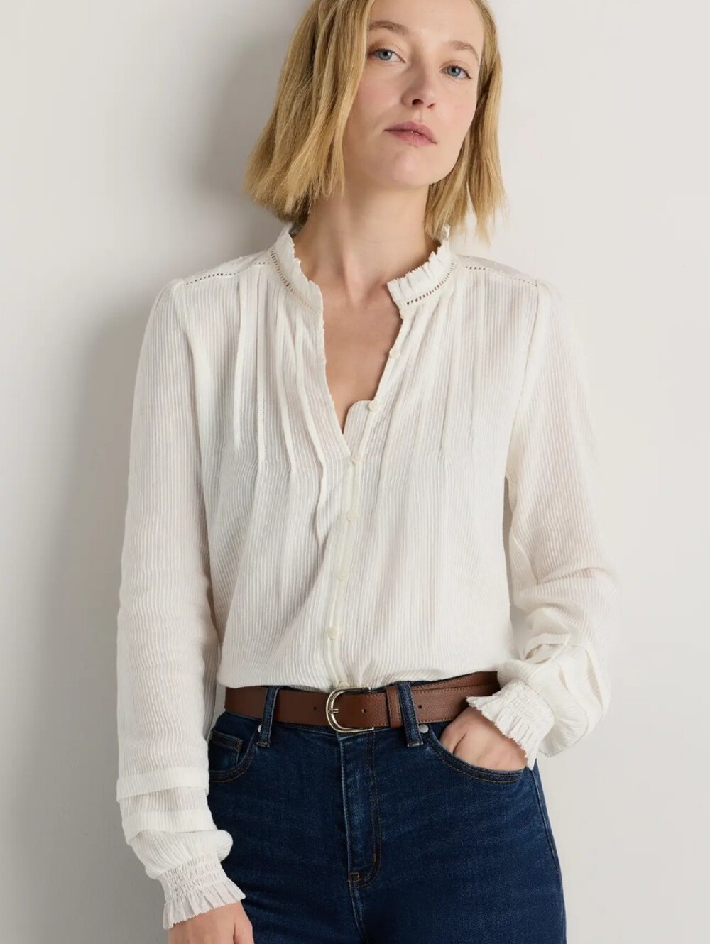 Quince Organic Textured Cotton Peasant Blouse White Size Medium